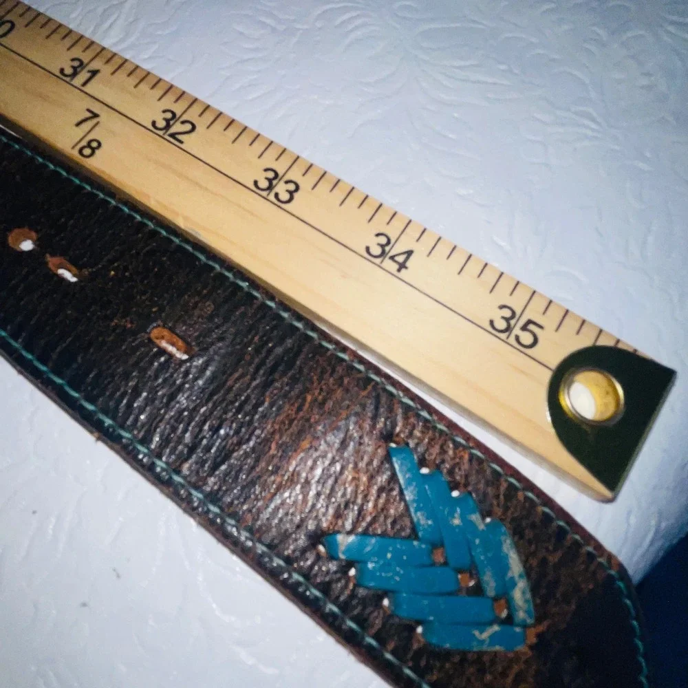 VTG Southwestern Turquoise Laced Leather Belt w/Silver Conchos Siz 32-36